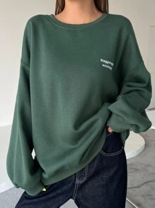 DAZY Letter Embroidery Drop Shoulder Thermal Pullover Sweatshirt - Dark Green - View 3