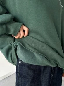 DAZY Letter Embroidery Drop Shoulder Thermal Pullover Sweatshirt - Dark Green - View 6