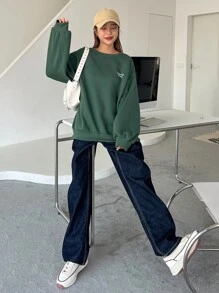 DAZY Letter Embroidery Drop Shoulder Thermal Pullover Sweatshirt - Dark Green - View 8