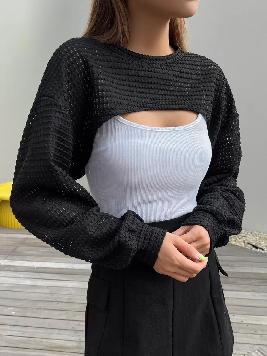 DAZY Áo crop top tay dài tay kiểu Pointelle đan không có áo hai dây, áo nữ dài tay, quần áo nữ mùa thu lót nhiệt - màu đen - Xem 1