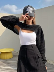 DAZY Áo crop top tay dài tay kiểu Pointelle đan không có áo hai dây, áo nữ dài tay, quần áo nữ mùa thu lót nhiệt - màu đen - Xem 3