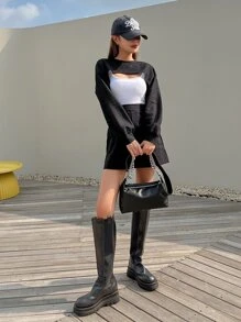 DAZY Áo crop top tay dài tay kiểu Pointelle đan không có áo hai dây, áo nữ dài tay, quần áo nữ mùa thu lót nhiệt - màu đen - Xem 4