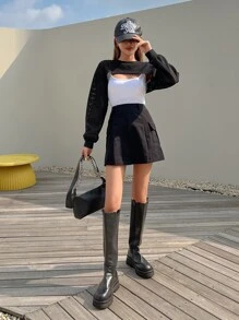 DAZY Áo crop top tay dài tay kiểu Pointelle đan không có áo hai dây, áo nữ dài tay, quần áo nữ mùa thu lót nhiệt - màu đen - Xem 5