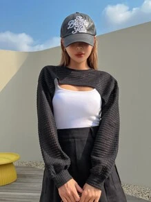 DAZY Áo crop top tay dài tay kiểu Pointelle đan không có áo hai dây, áo nữ dài tay, quần áo nữ mùa thu lót nhiệt - màu đen - Xem 6