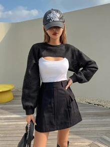 DAZY Áo crop top tay dài tay kiểu Pointelle đan không có áo hai dây, áo nữ dài tay, quần áo nữ mùa thu lót nhiệt - màu đen - Xem 7