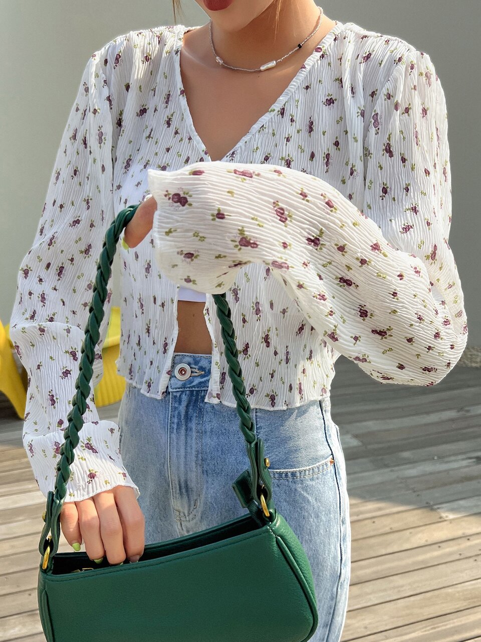 Ditsy Floral One Button Front Blouse Sheer Long Sleeve Top