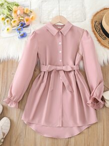 小女孩荷葉袖紐扣腰帶襯衫