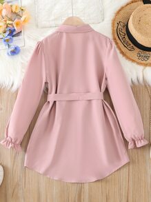 小女孩荷葉袖紐扣腰帶襯衫