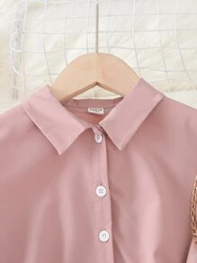 小女孩荷葉袖紐扣腰帶襯衫