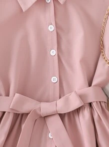 小女孩荷葉袖紐扣腰帶襯衫