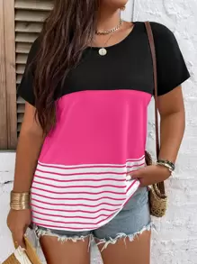 SHEIN LUNE 大碼條紋圖案撞色蕾絲拼接蝙蝠袖T恤 - 彩色 - 查看 1