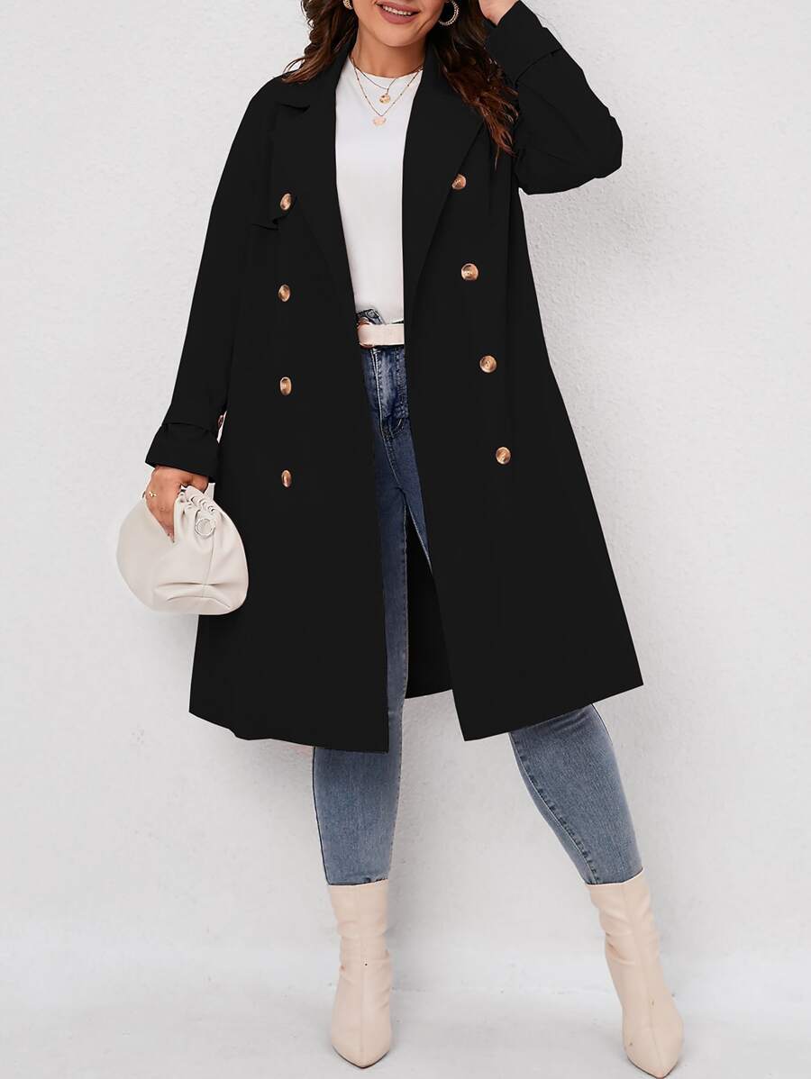 SHEIN LUNE Plus Double Breasted Trench Coat - Black - View 1