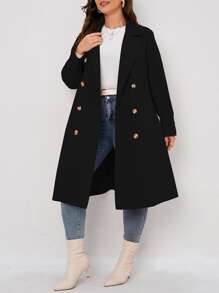 SHEIN LUNE Plus Double Breasted Trench Coat - Black - View 3