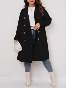 SHEIN LUNE Plus Double Breasted Trench Coat - Black - View 4
