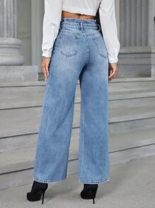 SHEIN Essnce Quần jean nữ Nút Túi Dây kéo màu trơn - Rửa nhẹ - Xem 2