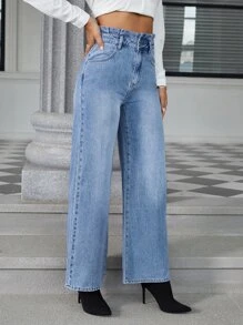 SHEIN Essnce Quần jean nữ Nút Túi Dây kéo màu trơn - Rửa nhẹ - Xem 3