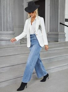 SHEIN Essnce Quần jean nữ Nút Túi Dây kéo màu trơn - Rửa nhẹ - Xem 4