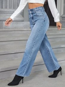 SHEIN Essnce Quần jean nữ Nút Túi Dây kéo màu trơn - Rửa nhẹ - Xem 6