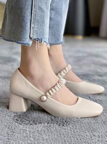 Ruched Detail Mary Jane Pumps,White Pearl Decorated Chunky Heel Pointed Toe Elegant High Heels Valentines