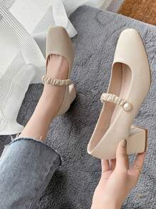 Ruched Detail Mary Jane Pumps,White Pearl Decorated Chunky Heel Pointed Toe Elegant High Heels Valentines