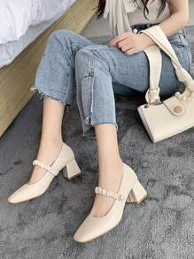 Ruched Detail Mary Jane Pumps,White Pearl Decorated Chunky Heel Pointed Toe Elegant High Heels Valentines