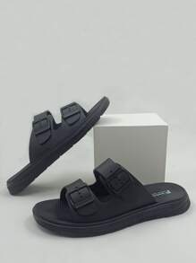 Men Buckle Decor Footbed Sandals - Black - View 1