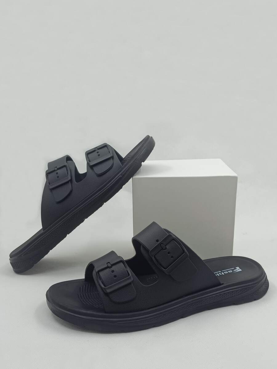 Men Buckle Decor Footbed Sandals - Black - View 1