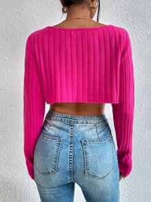 SHEIN Privé Áo len nữ Bất đối xứng Gân đan màu trơn Giải trí - Màu Hồng Tươi - Xem 2