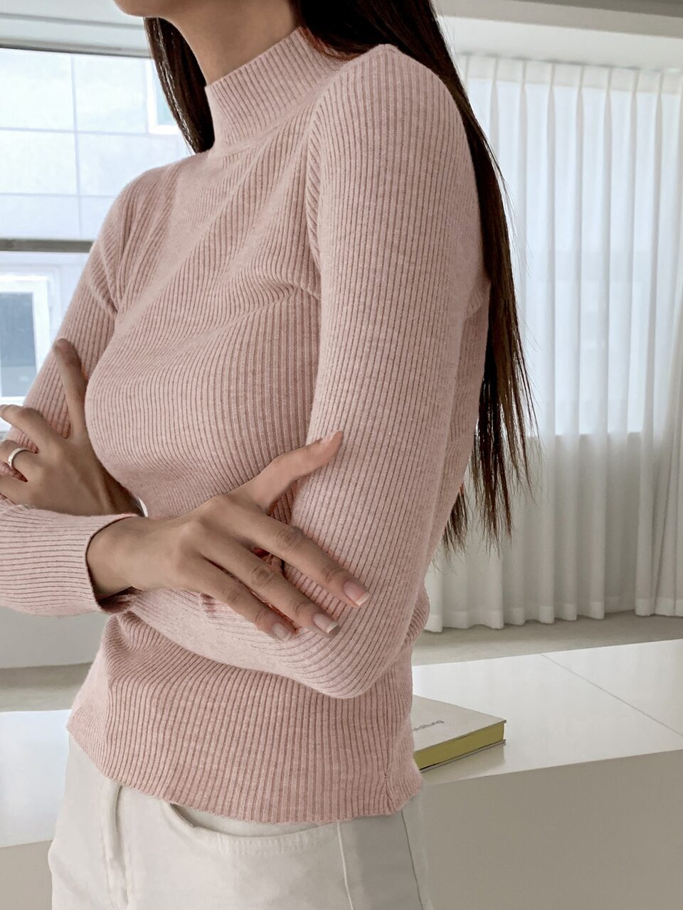 Business Casual Solid Color Ribbed Knit Mock Neck Sweater,Long Sleeve Tops,Fall Clothes