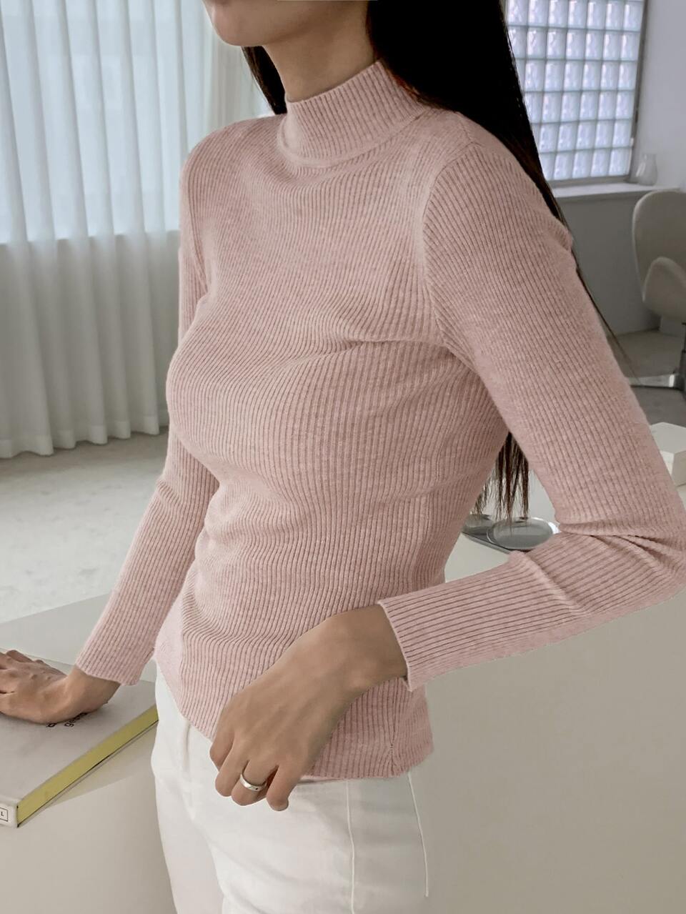 Business Casual Solid Color Ribbed Knit Mock Neck Sweater,Long Sleeve Tops,Fall Clothes