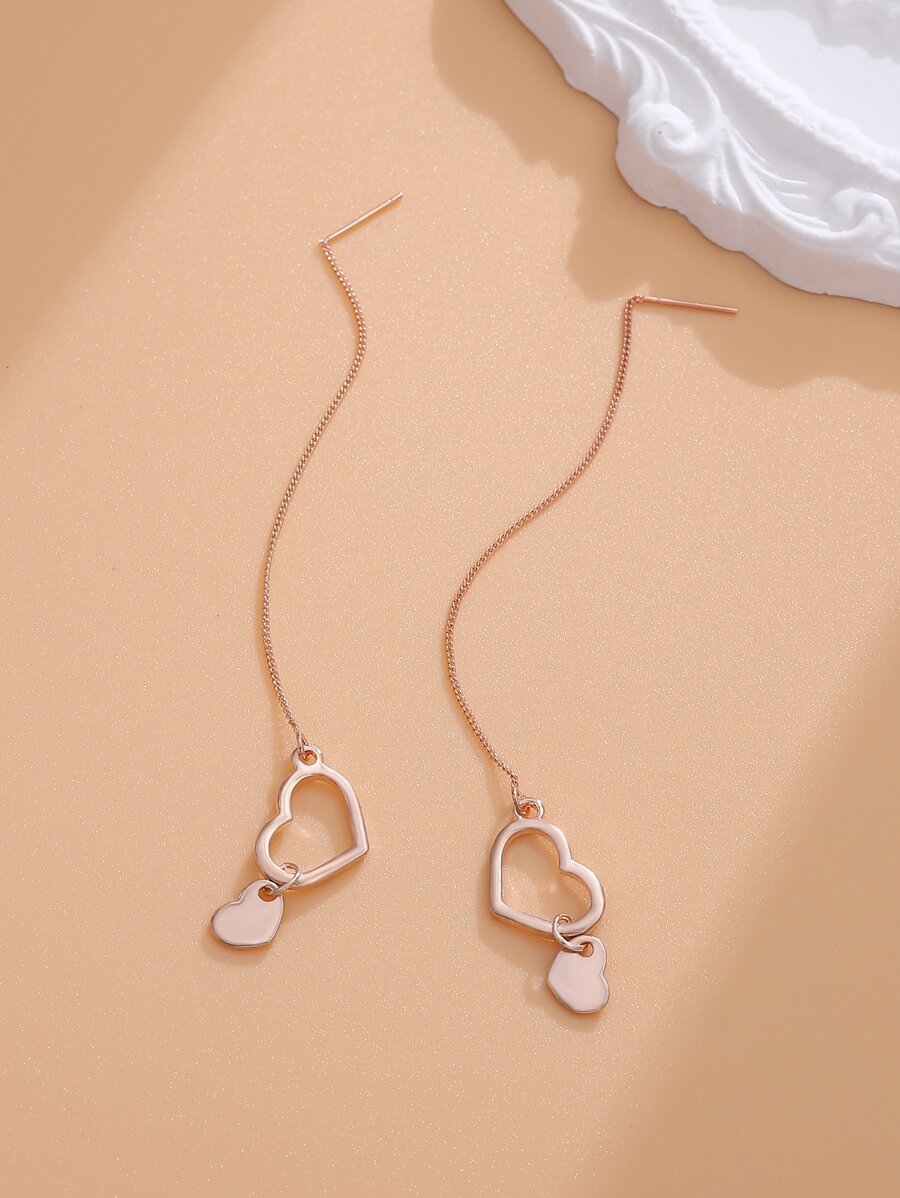 Heart Decor Threader Earrings - Rose Gold - View 1