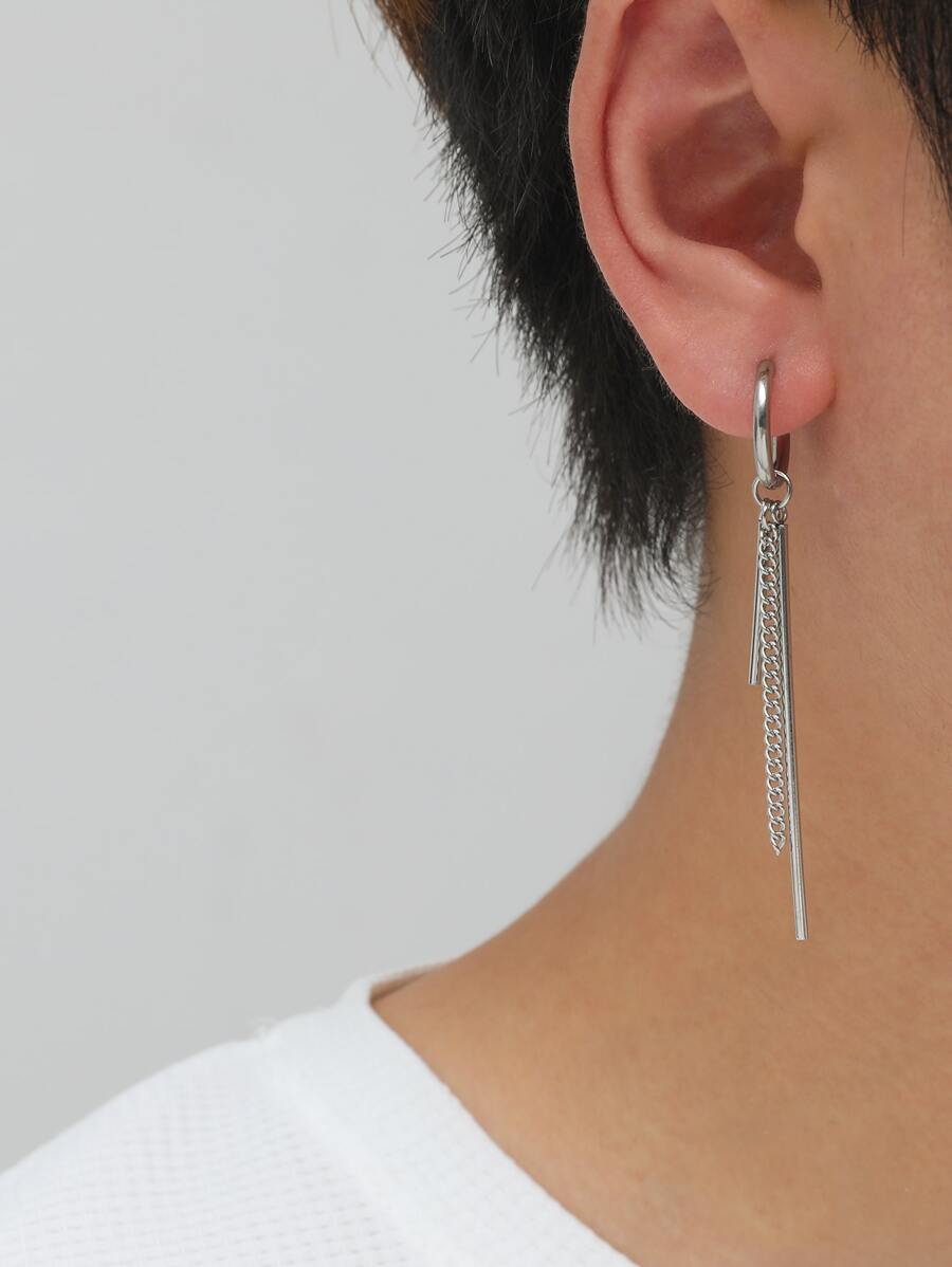 時尚流行男士鍊式和棒式吊式耳環不銹鋼，適合珠寶禮物和時尚外觀 - 銀色 - 查看 1