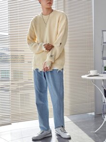 Manfinity Hypemode Men Drop Shoulder Ripped Distressed Jumper - Apricot - View 5