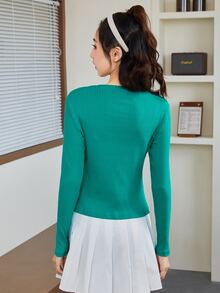 SHEIN BASICS Solid Ribbed Knit Form-Fitting Long Sleeve Tee - Cadet Blue - View 2