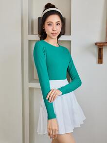 SHEIN BASICS Solid Ribbed Knit Form-Fitting Long Sleeve Tee - Cadet Blue - View 4