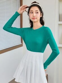 SHEIN BASICS Solid Ribbed Knit Form-Fitting Long Sleeve Tee - Cadet Blue - View 5