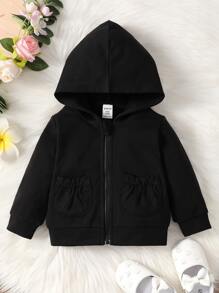 Baby Solid Dual Pockets Zip Up Hoodie - Black - View 1