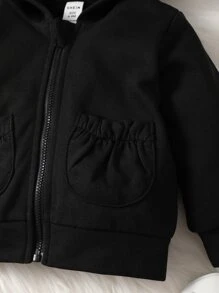 Baby Solid Dual Pockets Zip Up Hoodie - Black - View 4