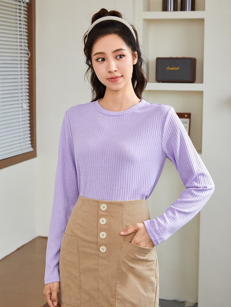 SHEIN Essnce Áo thun nữ Gân đan màu trơn Cơ bản Giải trí - Màu Lilac Tím - Xem 1