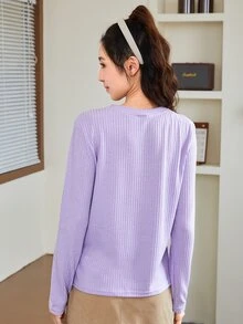 SHEIN Essnce Áo thun nữ Gân đan màu trơn Cơ bản Giải trí - Màu Lilac Tím - Xem 2