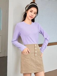 SHEIN Essnce Áo thun nữ Gân đan màu trơn Cơ bản Giải trí - Màu Lilac Tím - Xem 4