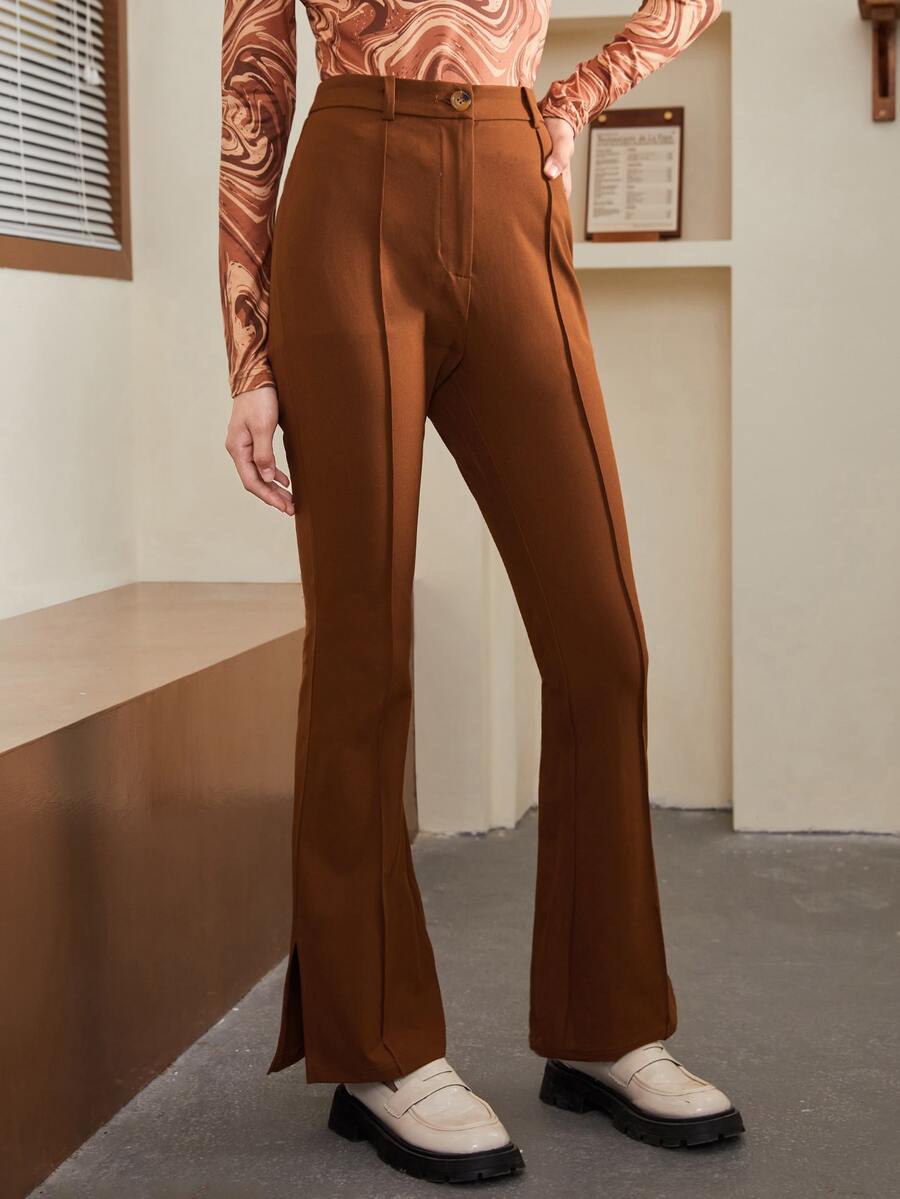 SHEIN BAE 開衩下擺傘狀腿褲子 - 棕色 - 查看 1