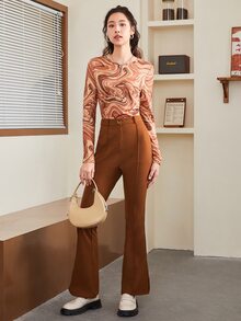 SHEIN BAE 開衩下擺傘狀腿褲子 - 棕色 - 查看 3