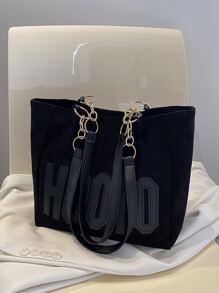 Solid Color Letter Pattern Tote Bag, Large Capacity, Minimalist, Casual, Lightweight, Shopping, Student Soft Tote - Black - View 2