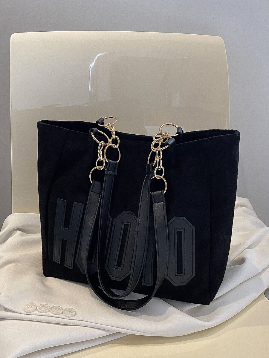 Solid Color Letter Pattern Tote Bag, Large Capacity, Minimalist, Casual, Lightweight, Shopping, Student Soft Tote