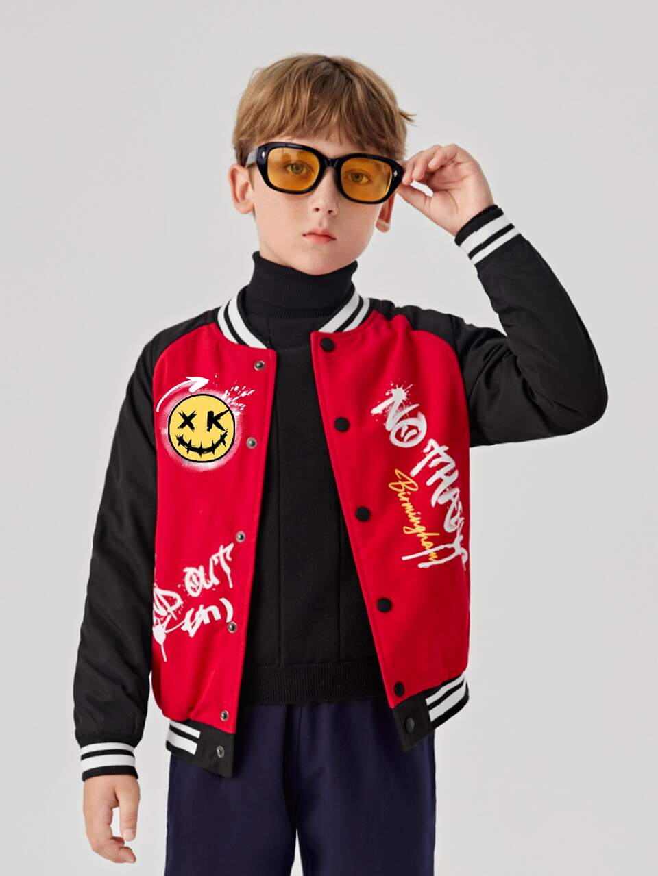 Boys Raglan Sleeve Cartoon & Letter Graphic Varsity Jacket