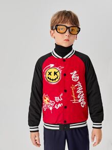 SHEIN Boys Raglan Sleeve Cartoon & Letter Graphic Varsity Jacket - Multicolor - View 6