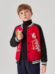 SHEIN Boys Raglan Sleeve Cartoon & Letter Graphic Varsity Jacket - Multicolor - View 7
