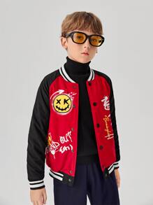 SHEIN Boys Raglan Sleeve Cartoon & Letter Graphic Varsity Jacket - Multicolor - View 3