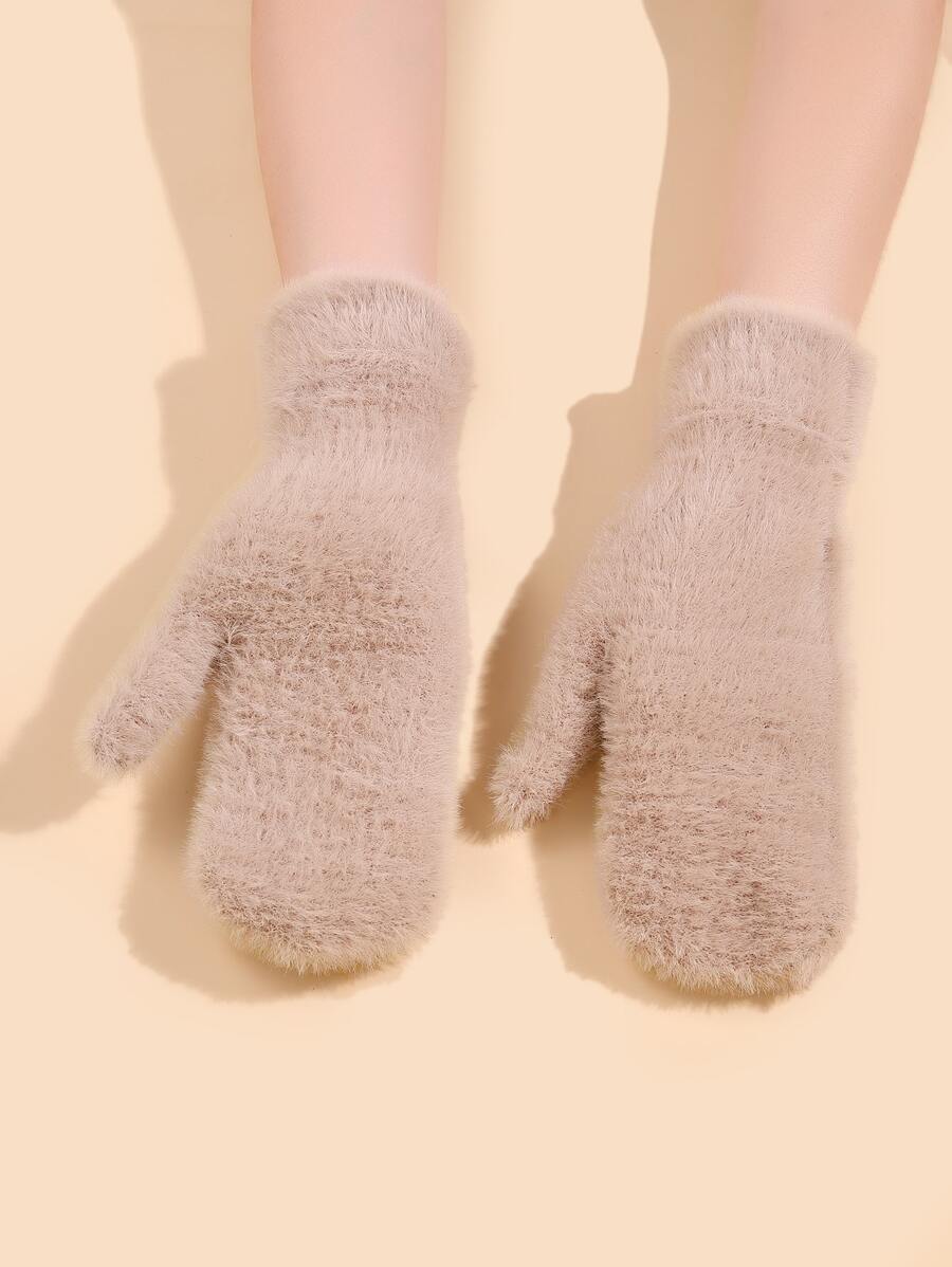 Solid Fuzzy Gloves - Khaki - View 1